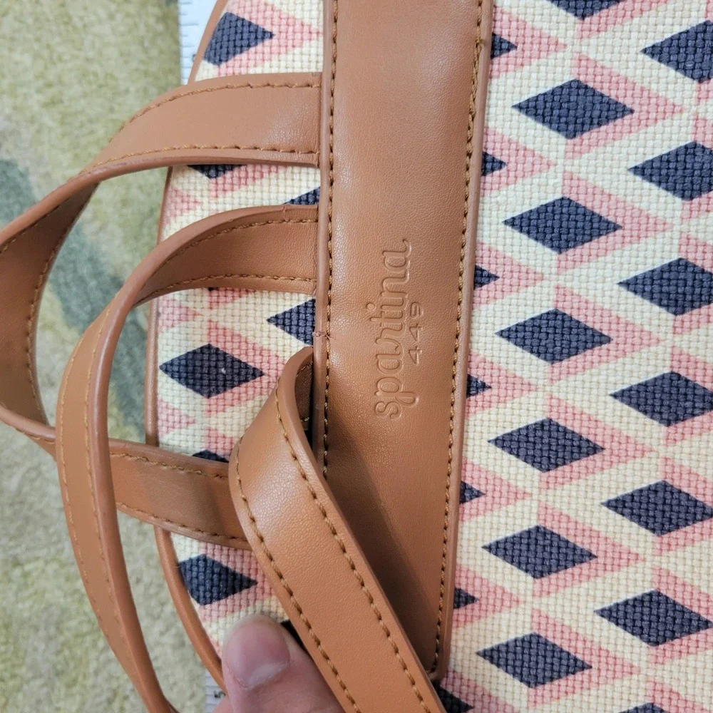 Spartina 449 Chloe Backpack Natural Linen Genuine Leather‎ Pink Tan Neutral